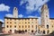 Historic towers and public cistern, Piazza della Cisterna, San Gimignano, Tuscany, Italy