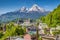 Historic town of Berchtesgaden with Watzmann mountain in spring, Berchtesgadener Land, Upper Bavaria, Germany