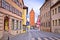 Historic town of Dinkelsbuhl colorful street and tower gate view