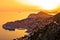 Historic town of Dubrovnik aerial sunset view