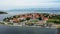 Historic town of Nin laguna aerial view with Velebit mountain background, Dalmatia region of Croatia. Aerial view of the famous