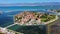 Historic town of Nin laguna aerial view with Velebit mountain background, Dalmatia region of Croatia. Aerial view of the famous
