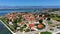 Historic town of Nin laguna aerial view with Velebit mountain background, Dalmatia region of Croatia. Aerial view of the famous