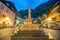 Historic town square of Hallstatt at night in the Austrian Alps