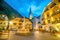 Historic town square of Hallstatt at night in the Austrian Alps