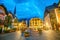 Historic town square of Hallstatt at night in the Austrian Alps