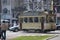 Historic tram 77 known as Ombouwer of the HTM on the rails in The Hague on the Lange Vijverberg heading ot Buitenhof as Museum Tra