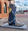 Historic Union Pacific Railroad train depot, a historic landmark, and it statue and boot adornments in Cheyenne, Wyoming