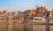 Historic Varanasi city with ancient architectural buildings along the Ganges river ghat