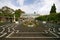 Historic Victorian barrel vaulted greenhouse, classic sunken court, plants in Domain Wintergardens, Auckland, New Zealand