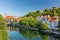 Historic villas along the Neckar river in the German city of TÃ¼bingen on a sunny day in summer