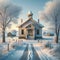 Historic White Schoolhouse Winter Snowstorm Vintage Retro Building Steeple Exterior AI Generate