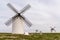 The historic white windmills of La Mancha above the town of Campo de Criptana