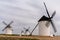 The historic white windmills of La Mancha above the town of Campo de Criptana