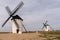 The historic white windmills of La Mancha above the town of Campo de Criptana