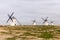 The historic white windmills of La Mancha above the town of Campo de Criptana