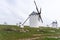 The historic white windmills of La Mancha above the town of Campo de Criptana