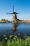 Historic windmill reflected in the water at Kinderdijk, Holland, Netherlands, a UNESCO World Heritage Site.