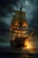 Historic wooden ship on water at night, created using generative ai technology