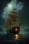 Historic wooden ship on water at night, created using generative ai technology