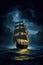 Historic wooden ship on water at night, created using generative ai technology