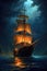 Historic wooden ship on water at night, created using generative ai technology