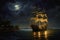 Historic wooden ship on water at night, created using generative ai technology