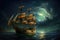 Historic wooden ship on water at night, created using generative ai technology