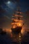 Historic wooden ship on water at night, created using generative ai technology