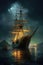 Historic wooden ship on water at night, created using generative ai technology