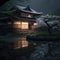 Historic wooden temple or shrine in Japan reflected in pond. Rainy night in Spring, sakura in bloom. AI generative