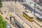 Historic yellow tramway carriage on a city sqaure