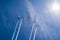 Historical airplanes flying in formation on a blue sky background, California