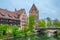 Historical brick houses on shore of river Pegnitz in Central Nurnberg, Germany