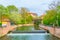 Historical brick houses on shore of river Pegnitz in Central Nurnberg, Germany