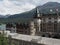 Historical building in european St. Moritz city center in Switzerland at alpine landscape