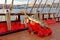 Historical cannon of an old wooden sailboat. Details deck of the ship.