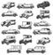 Historical cars, vintage automobiles icons set