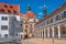 Historical center and colorful painted buildings in downtown of Dresden in summer with blue sky, Germany