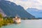 Historical Chillon Castle in Swiss Montreux. Located on an island on Lake Geneva, Switzerland. Beautiful landmark and popular