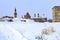 Historical cifte minareli double minaret madrasah, erzurum castle area with snow in Erzurum