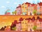 Historical city street in sunset, sunrise and sunny day. Old city urban area with tram. Cartoon vector illustration.