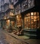 Historical Cobblestone Street with Vintage Shops at Twilight