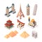 Historical famous landmarks. Isometric symbols for travellers buildings statue bridges pyramid worldwide landmarks