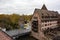 Historical Heilig-Geist-Spital Holy Spirit Hospital near Pegnitz river in the old town of Nuremberg, Bavaria, Germany