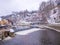 Historical houses and castle landmark statue river winter season snow in Cesky Krumlov. Czech Republic