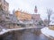 Historical houses and castle landmark statue river winter season snow in Cesky Krumlov. Czech Republic