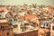 Historical indian city Varanasi, view over roofs of the poor brick buildings, India