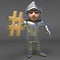 Historical medieval knight in armour holding a gold hashtag symbol, 3d illustration