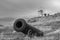 Historical old cannon with windmill background in a meadow B&W